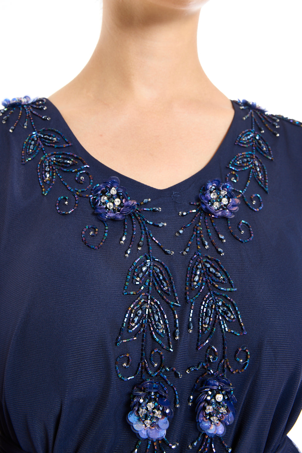 Sheer Sleeve Gown with Beaded Center Placket