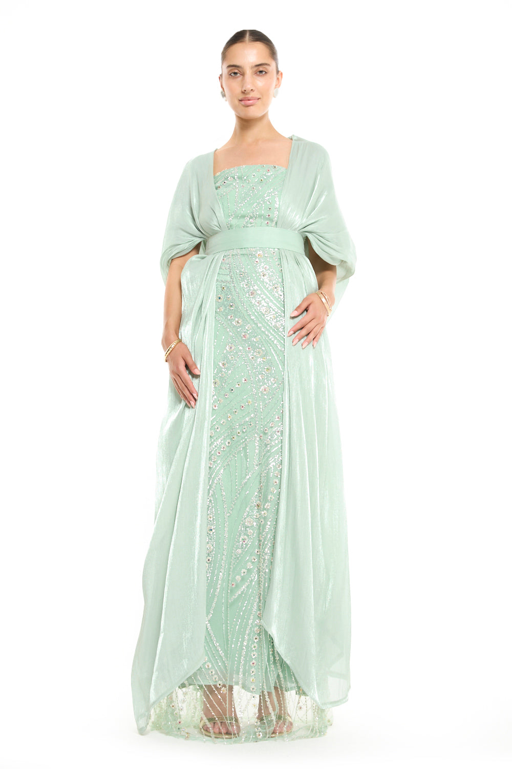 Beaded Wave Pattern Gown with a Cape Sleeve Overlay