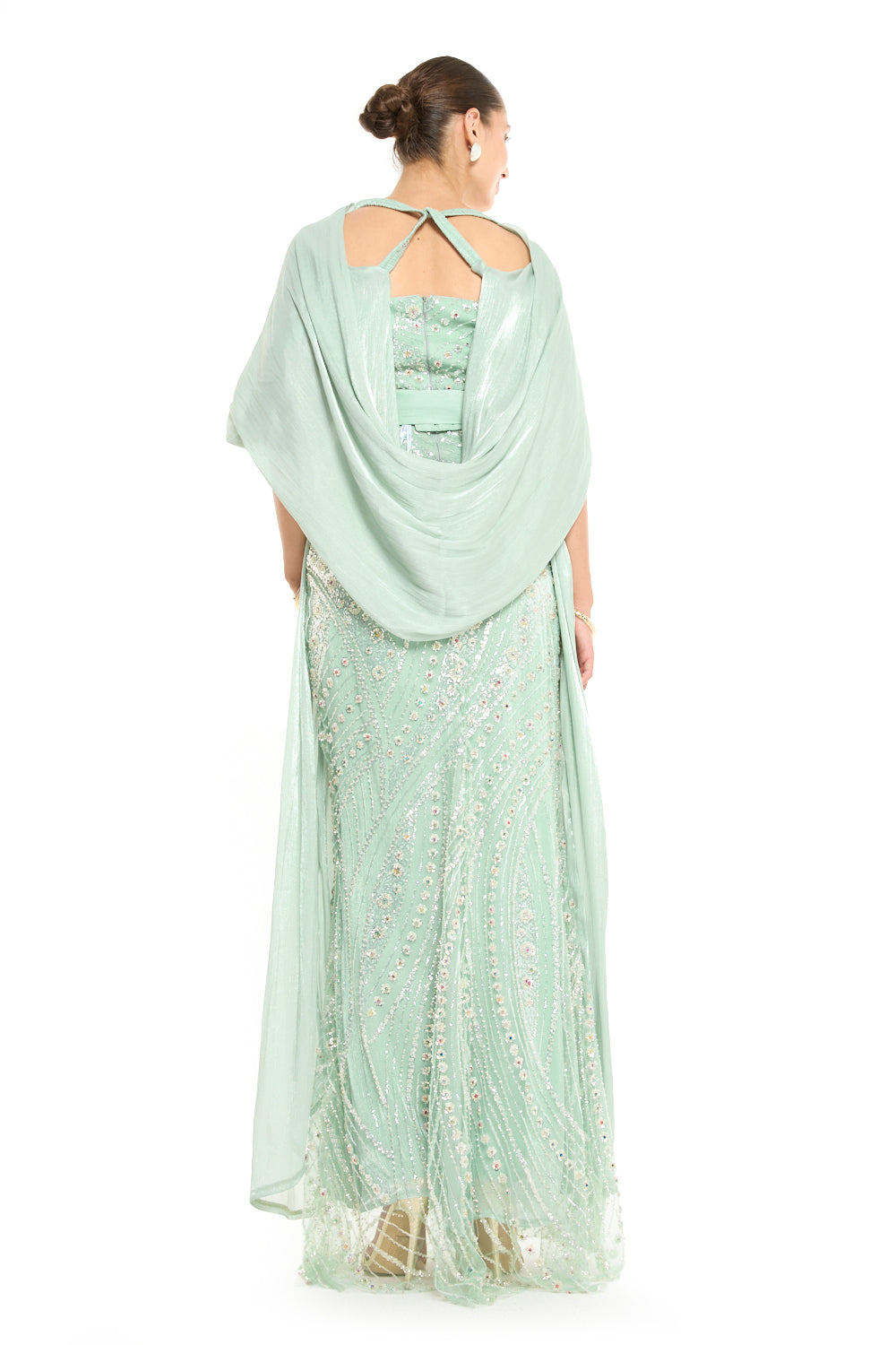 Beaded Wave Pattern Gown with a Cape Sleeve Overlay