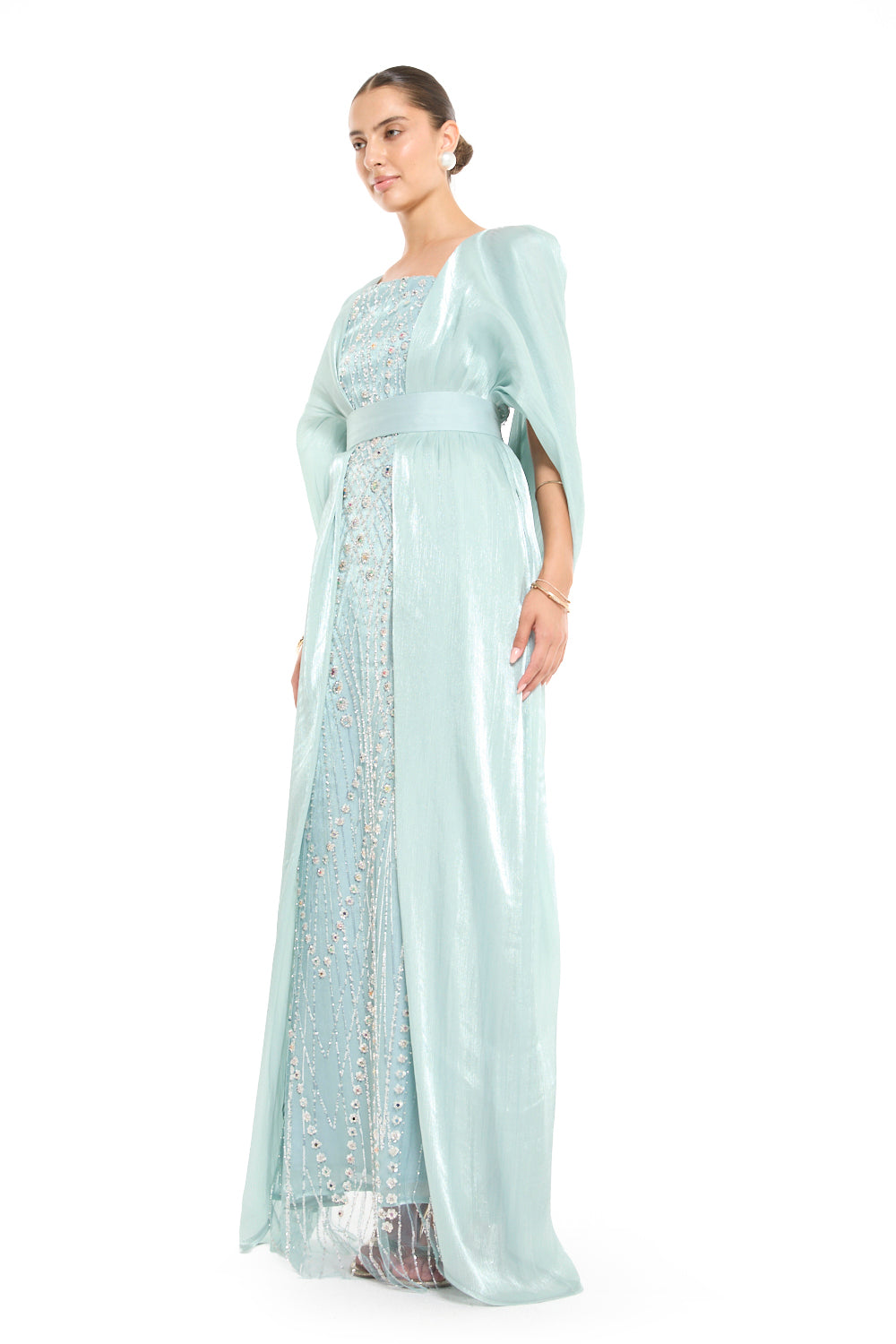 Beaded Wave Pattern Gown with a Cape Sleeve Overlay