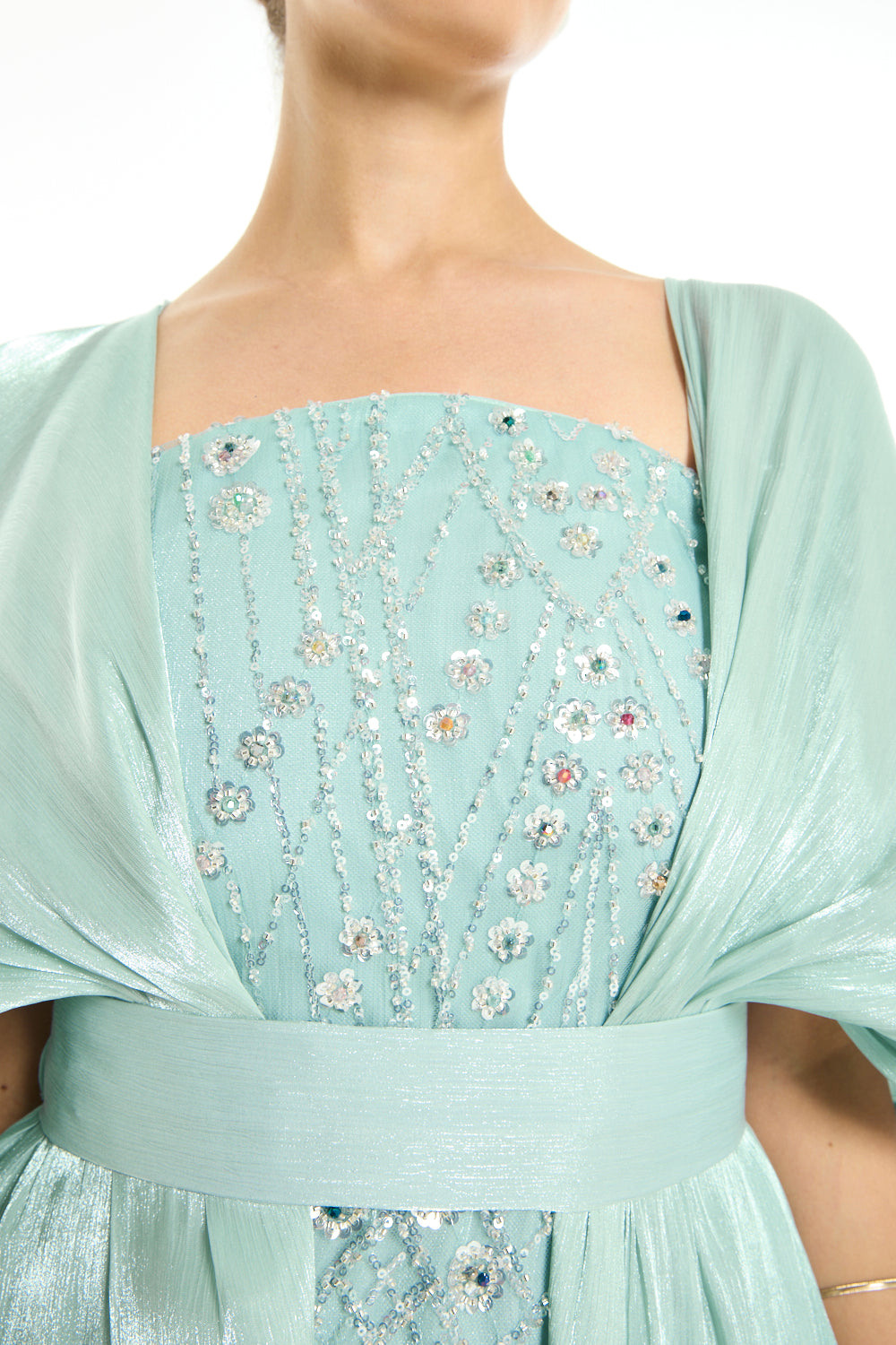 Beaded Wave Pattern Gown with a Cape Sleeve Overlay