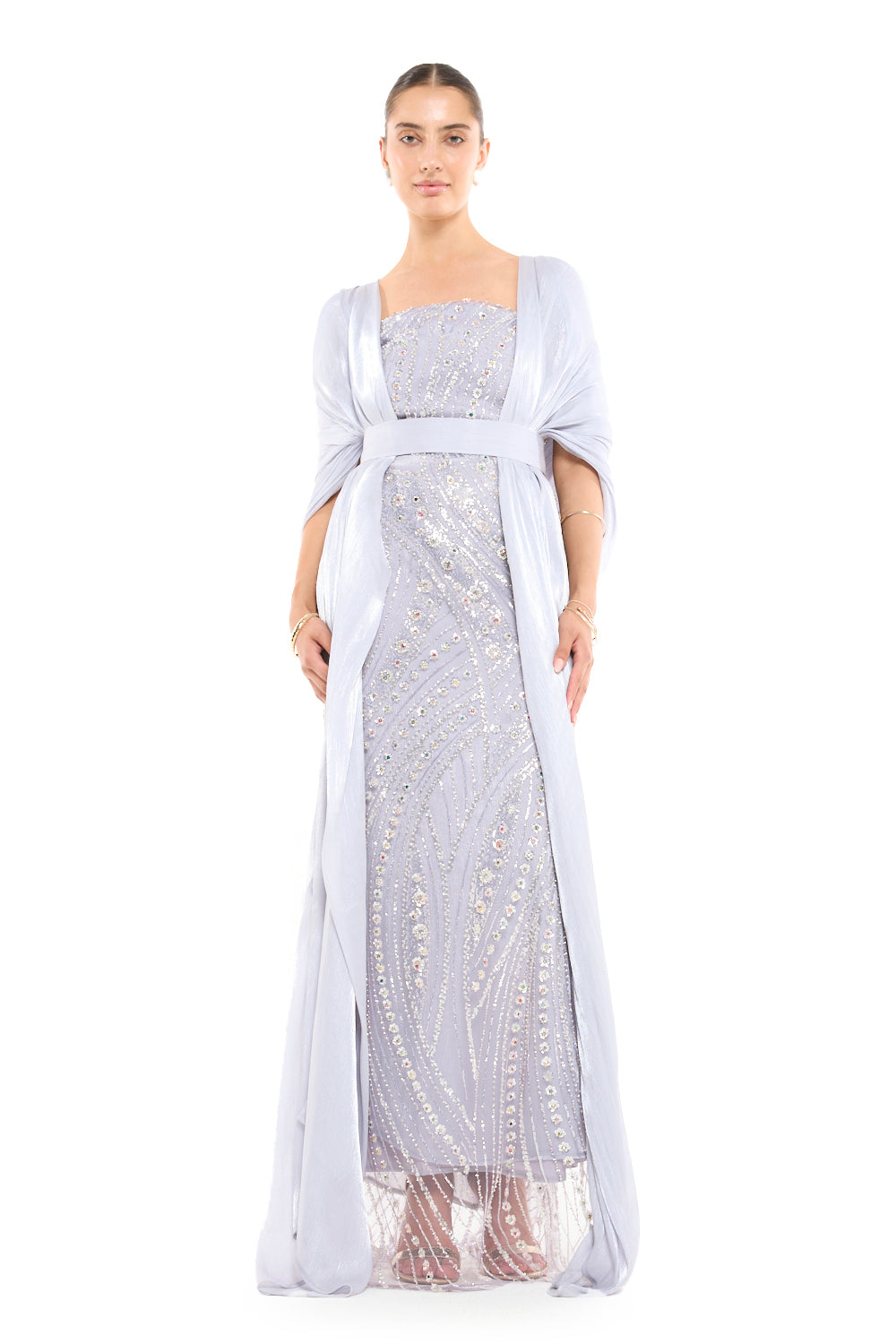 Beaded Wave Pattern Gown with a Cape Sleeve Overlay