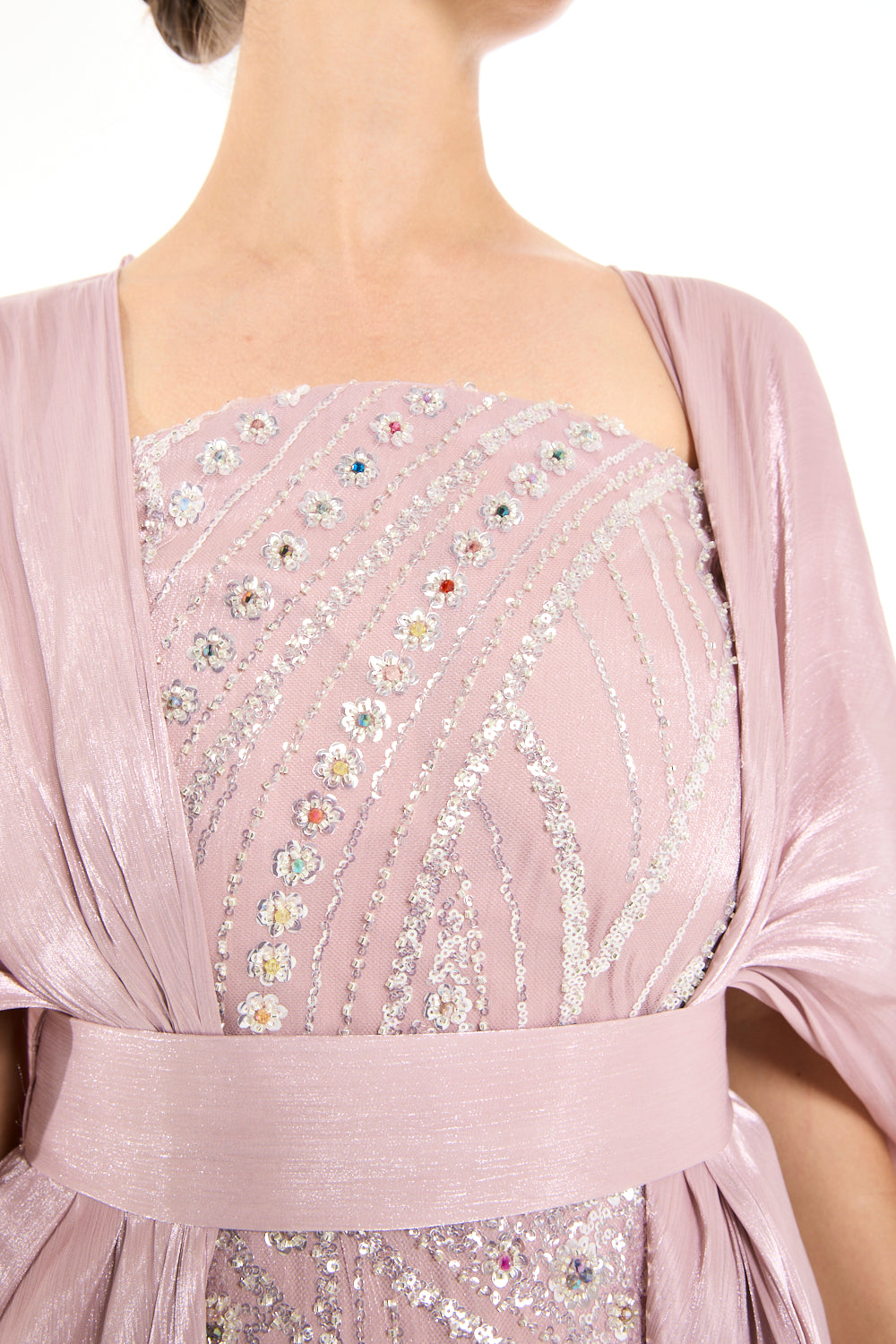 Beaded Wave Pattern Gown with a Cape Sleeve Overlay