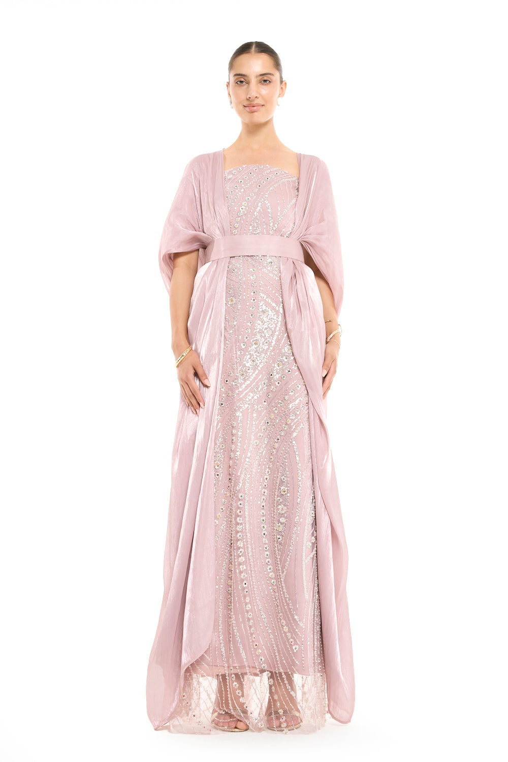 Beaded Wave Pattern Gown with a Cape Sleeve Overlay