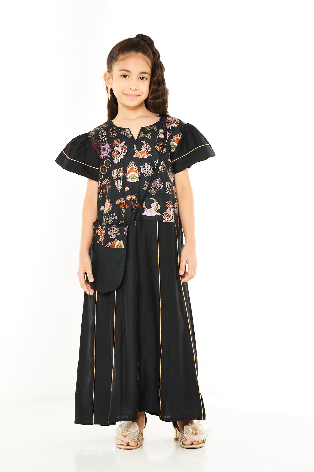 Folk Floral Embroidered Jalabiya with Crossbody Bag