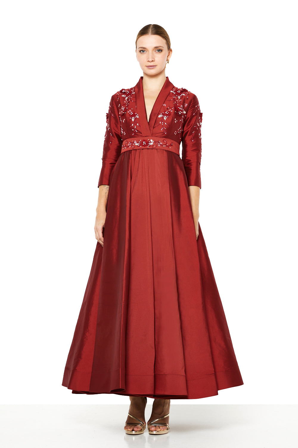 Embroidered Empire-Line Panel Gown