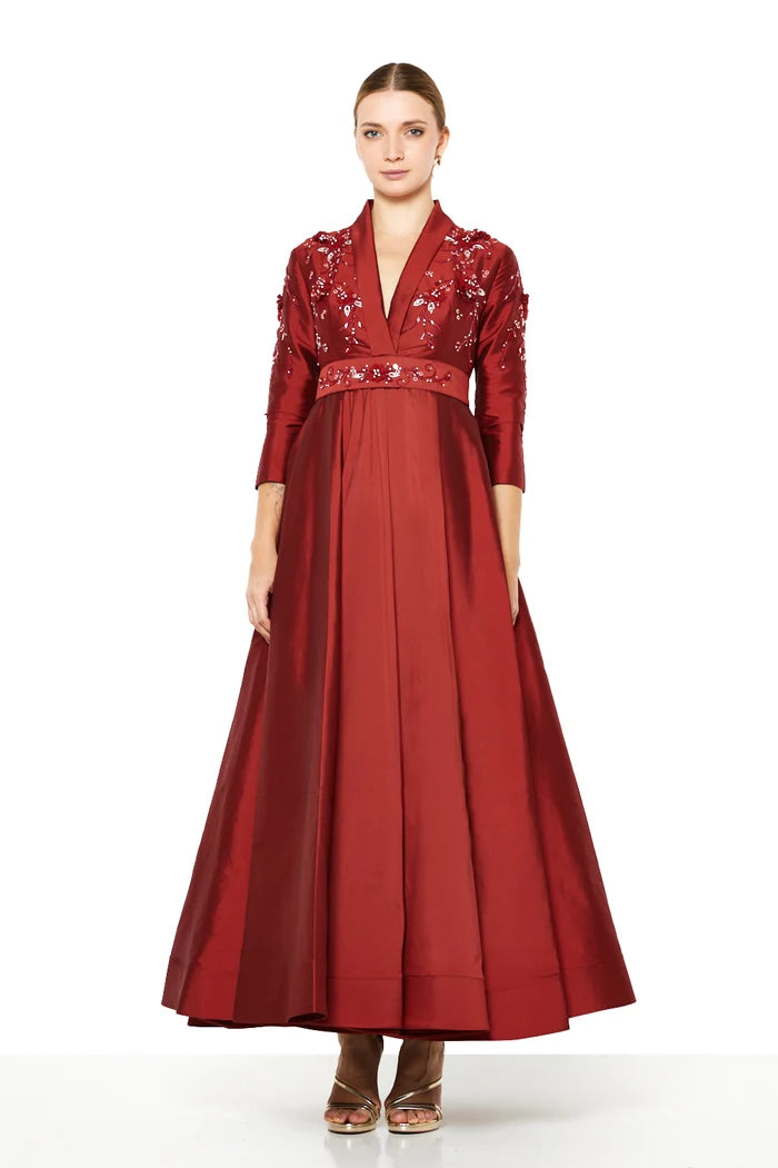 Embroidered Empire-Line Panel Gown