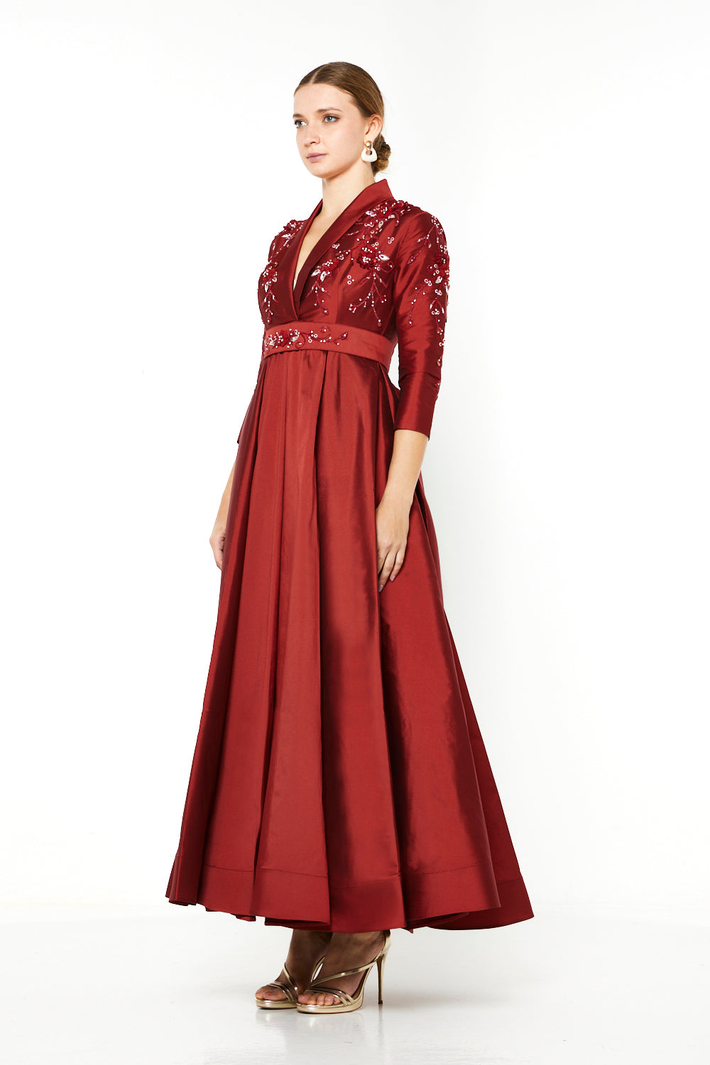Embroidered Empire-Line Panel Gown