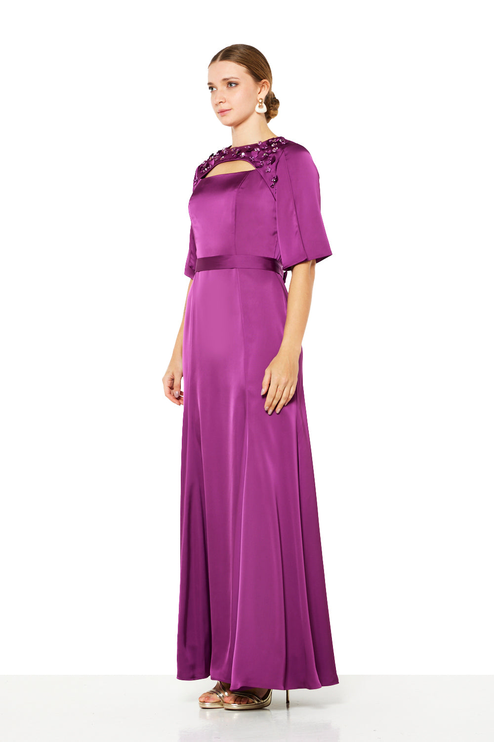 Floral Appliqué Cut-Out Neck Maxi Dress