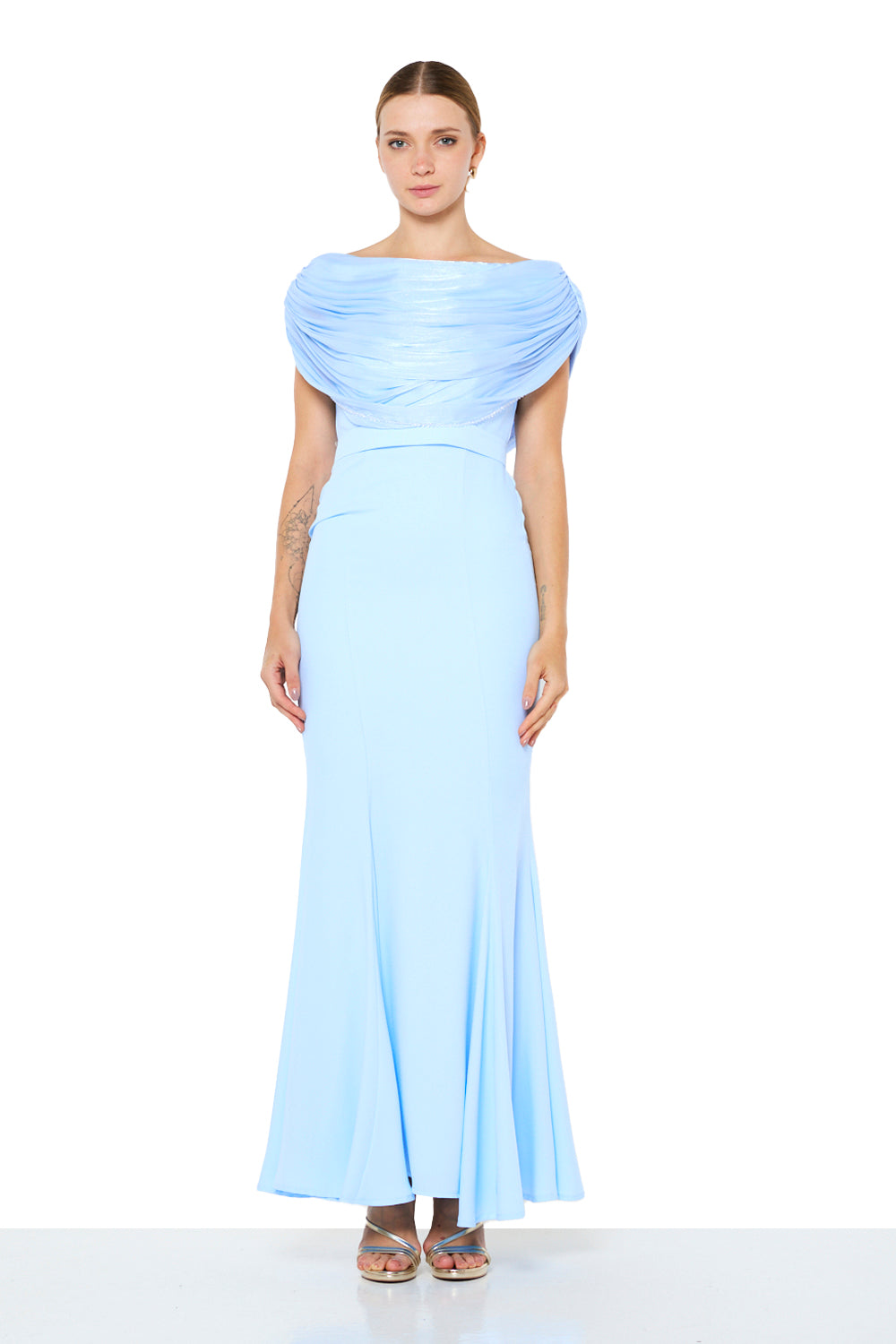 Draped Off-Shoulder Panel Gown