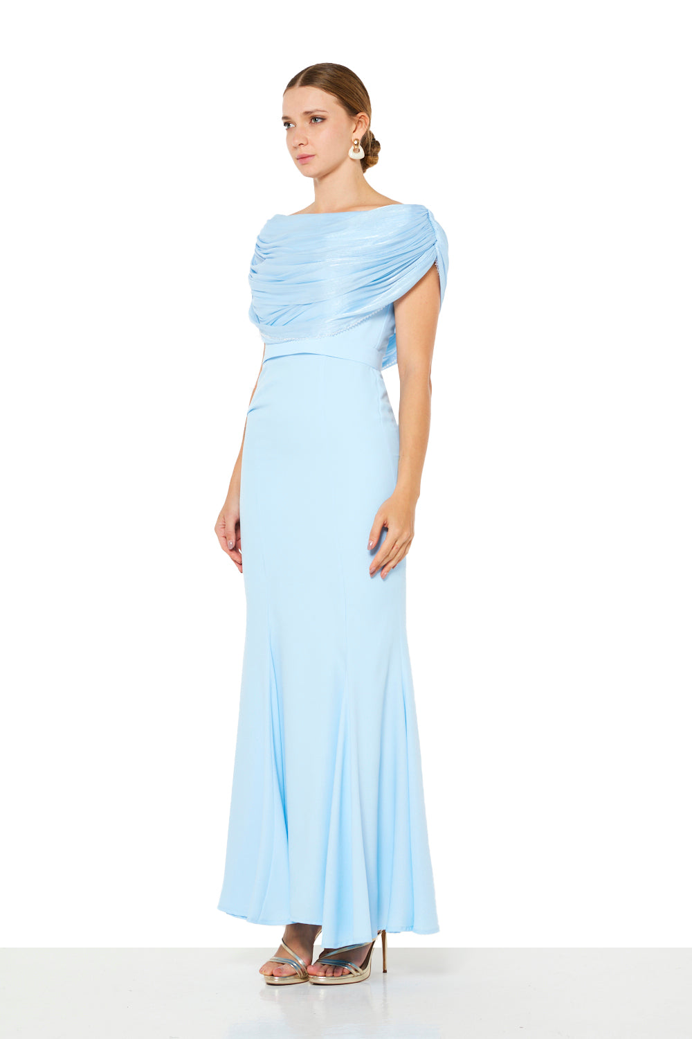 Draped Off-Shoulder Panel Gown