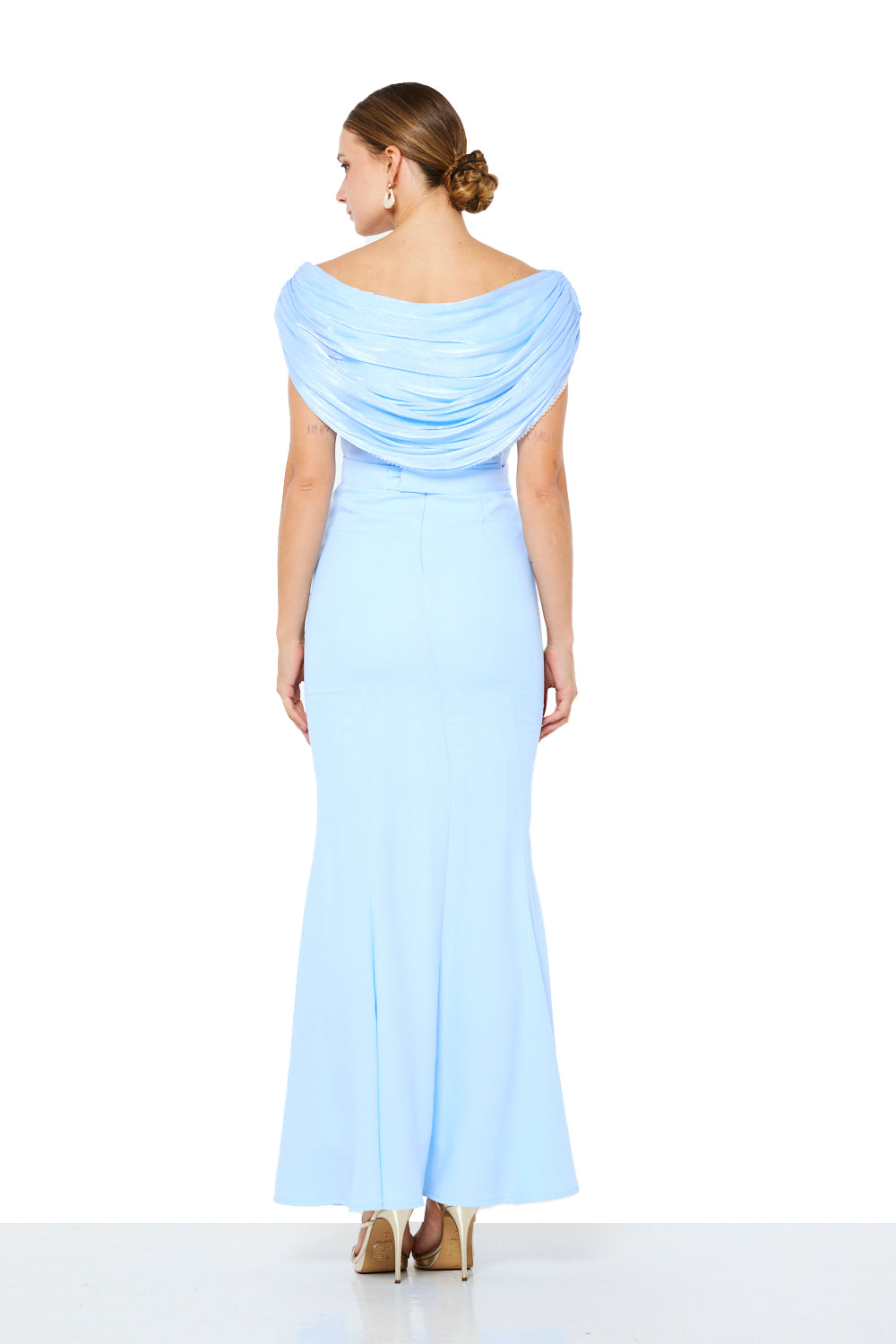 Draped Off-Shoulder Panel Gown