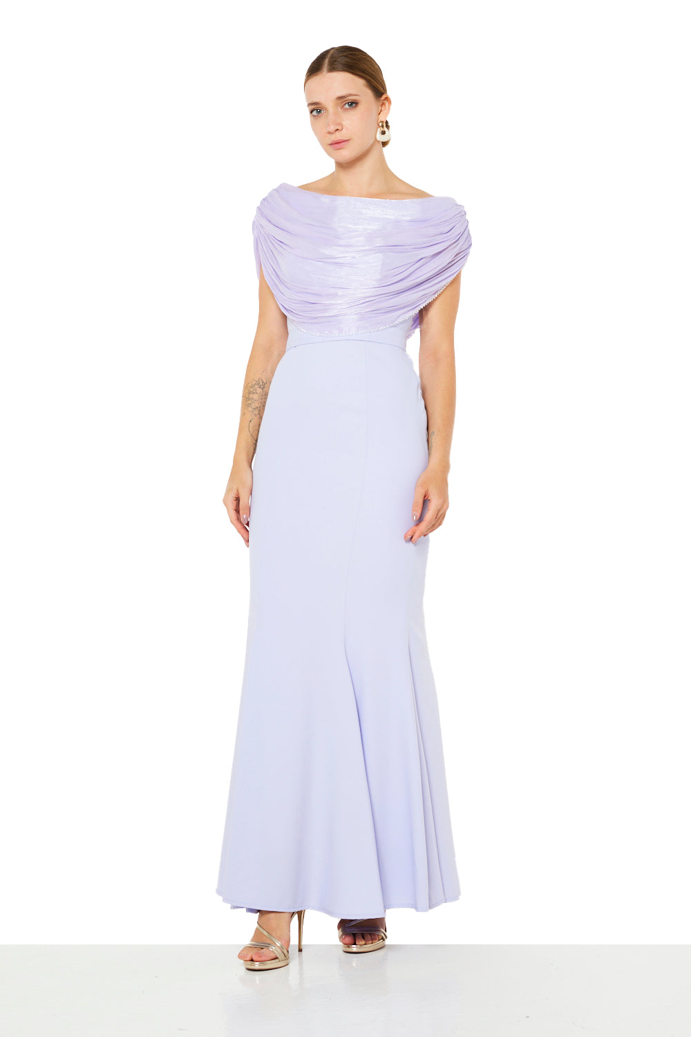 Draped Off-Shoulder Panel Gown