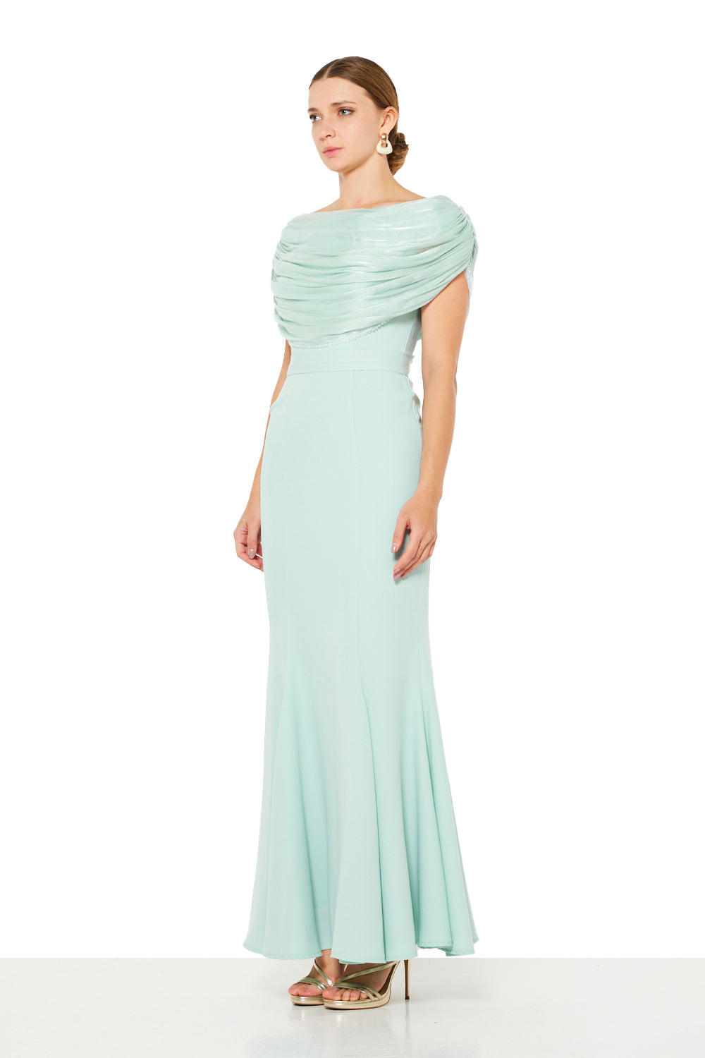 Draped Off-Shoulder Panel Gown