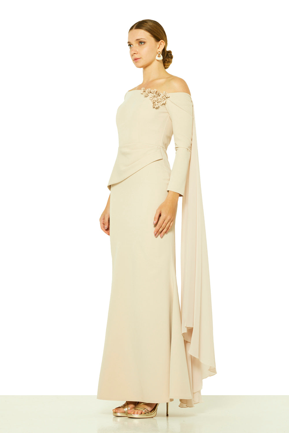 Asymmetric Floral Appliqué Cape Gown