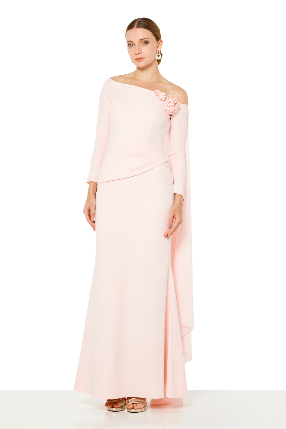 Asymmetric Floral Appliqué Cape Gown