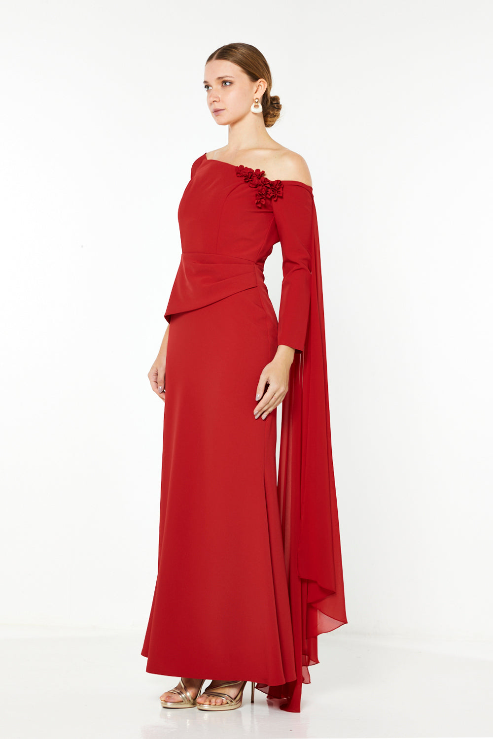 Asymmetric Floral Appliqué Cape Gown