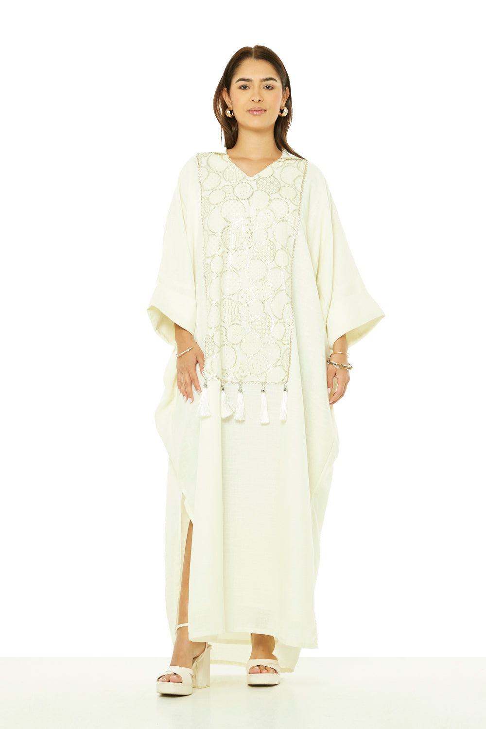 Tassel-Trim Embroidered Hooded Kaftan