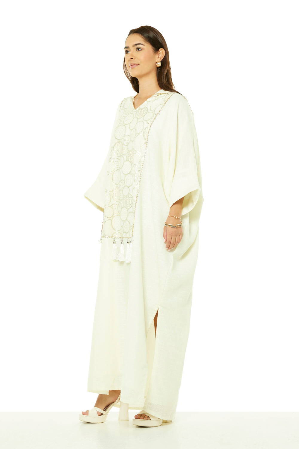 Tassel-Trim Embroidered Hooded Kaftan
