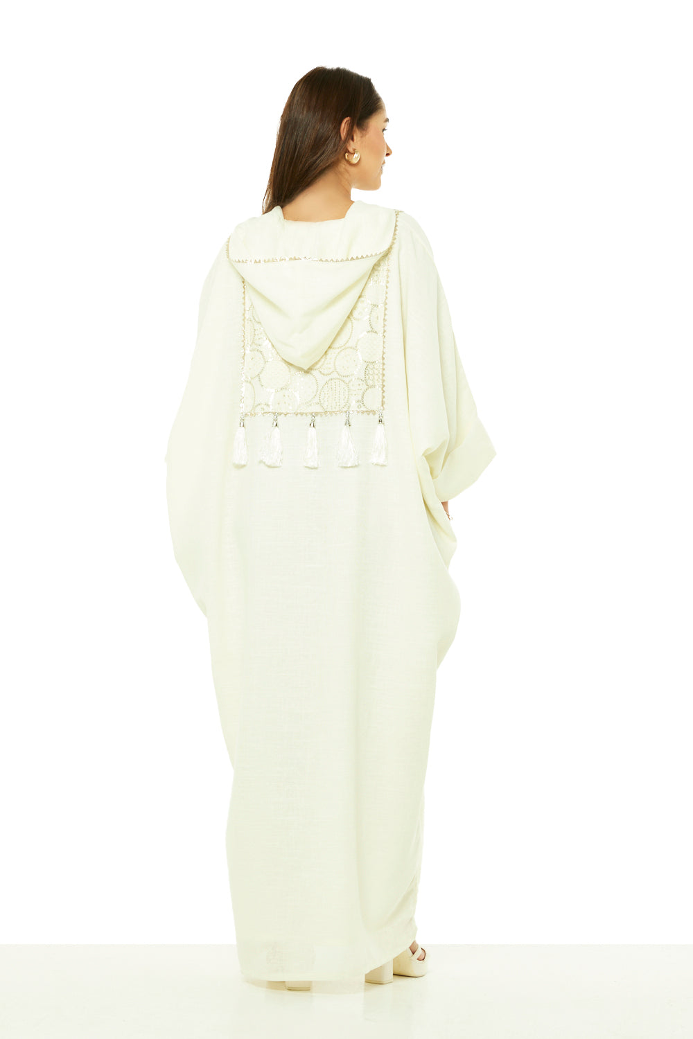 Tassel-Trim Embroidered Hooded Kaftan