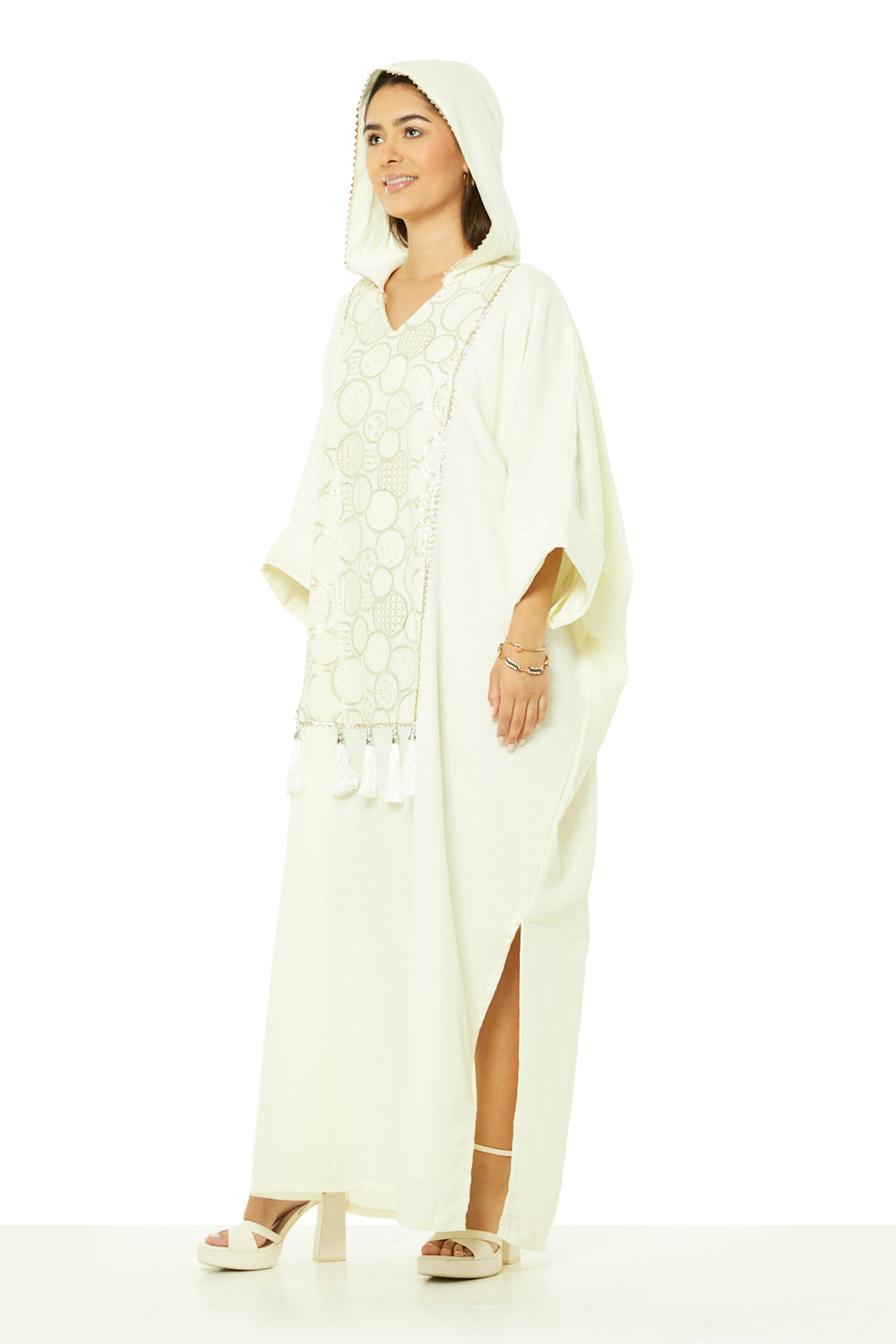 Tassel-Trim Embroidered Hooded Kaftan