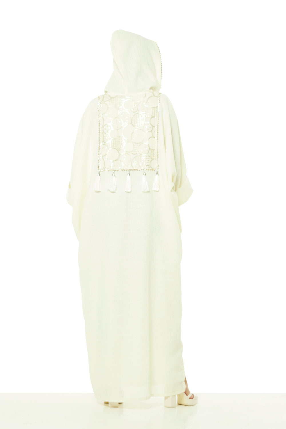 Tassel-Trim Embroidered Hooded Kaftan