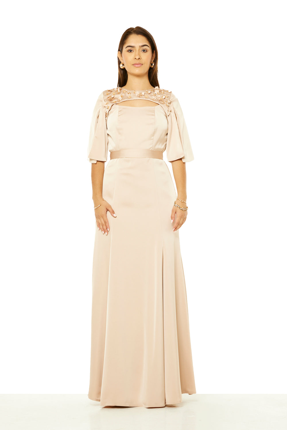 Floral Appliqué Cut-Out Neck Maxi Dress