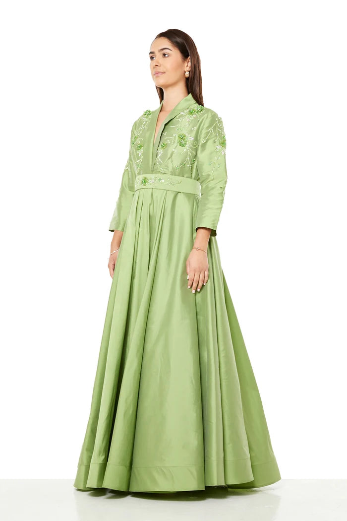 Embroidered Empire-Line Panel Gown