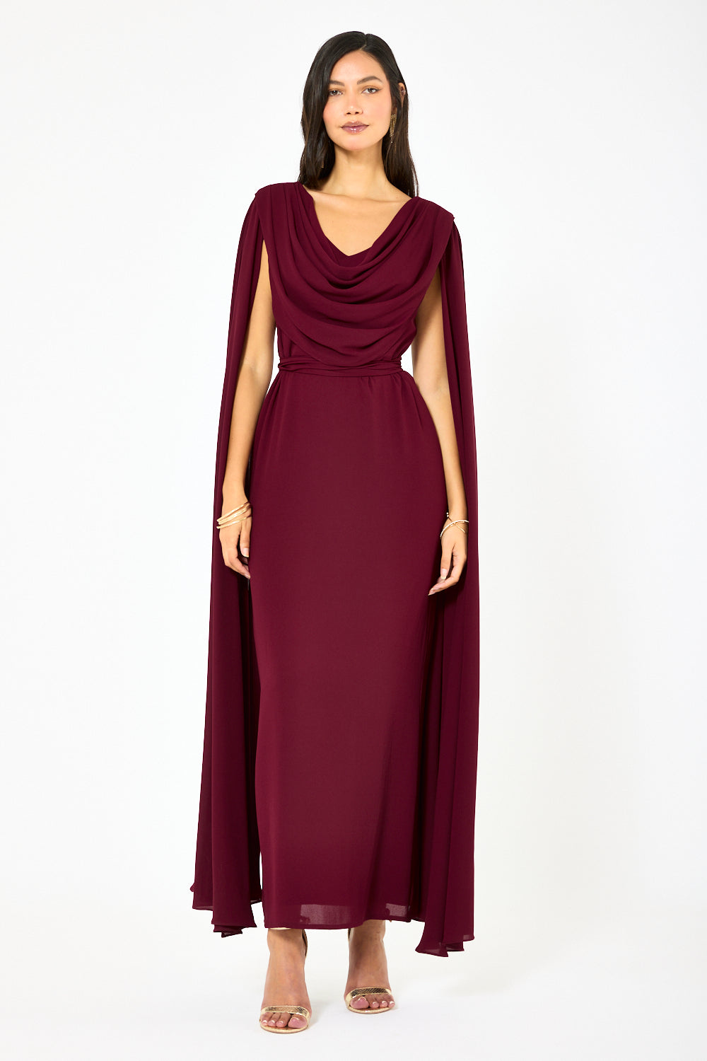 Draped Cowl Neck Cape Flow Gown