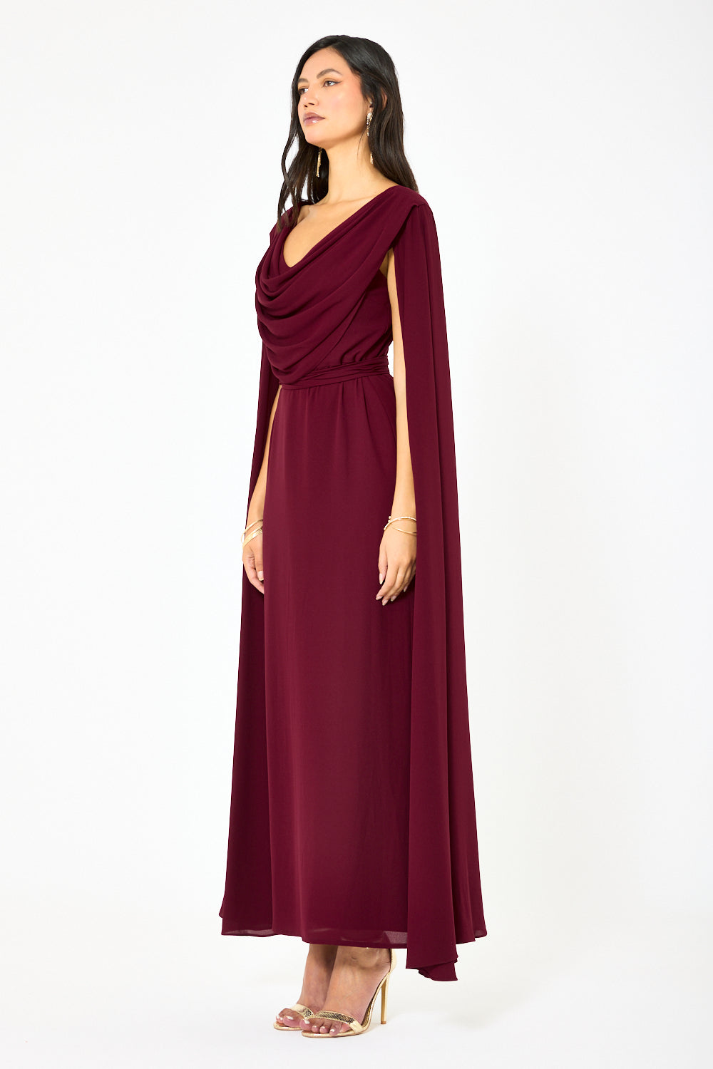 Draped Cowl Neck Cape Flow Gown