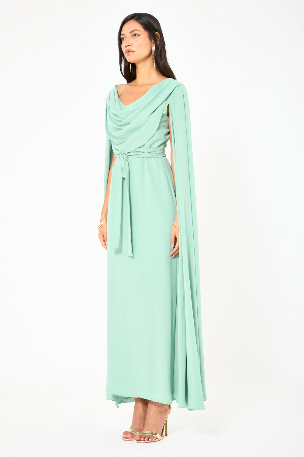 Draped Cowl Neck Cape Flow Gown