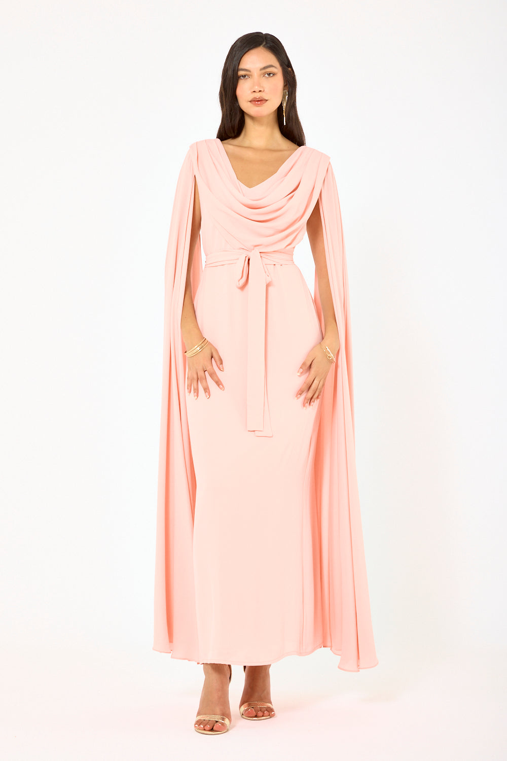 Draped Cowl Neck Cape Flow Gown