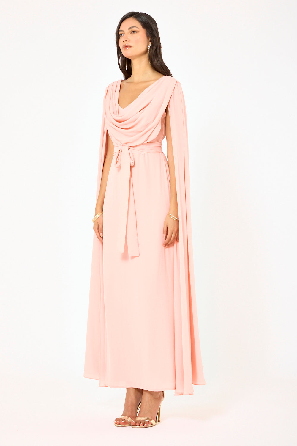 Draped Cowl Neck Cape Flow Gown
