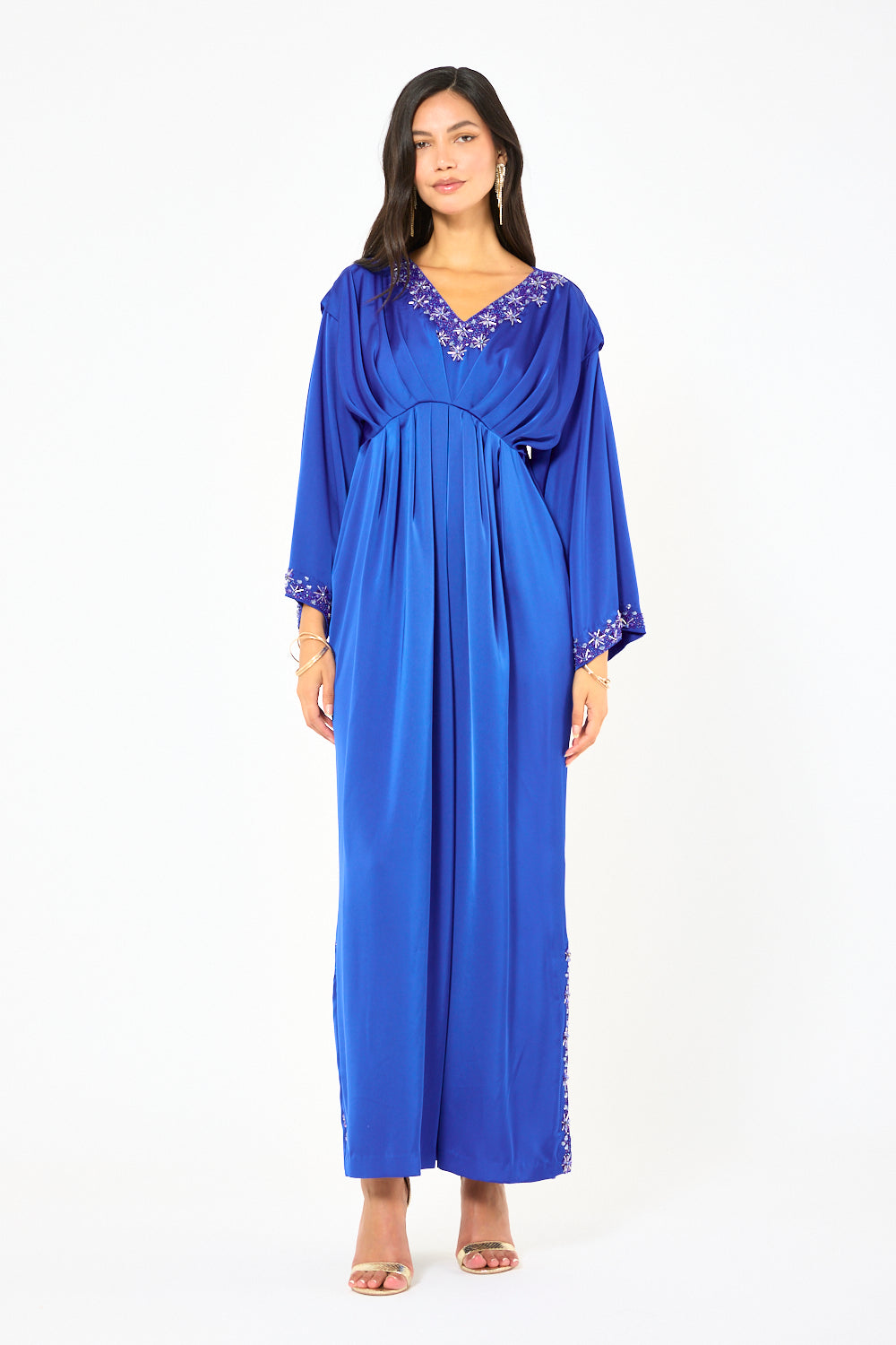 Embellished V-Neck Pleated Dress