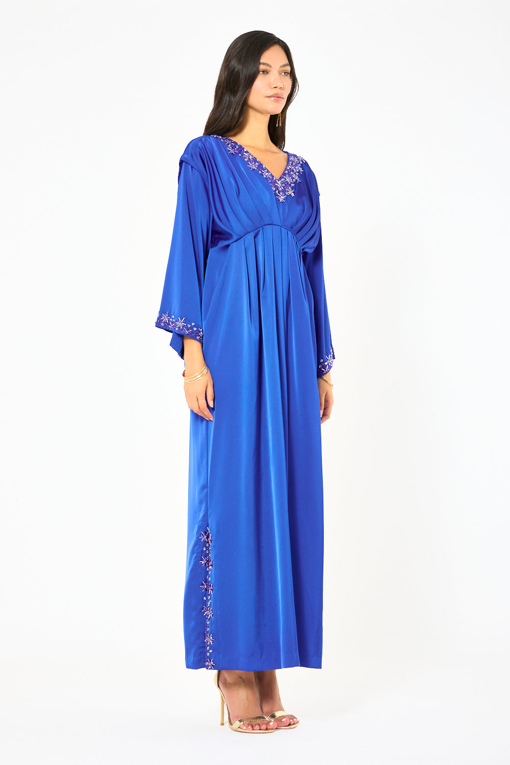 Embellished V-Neck Pleated Dress