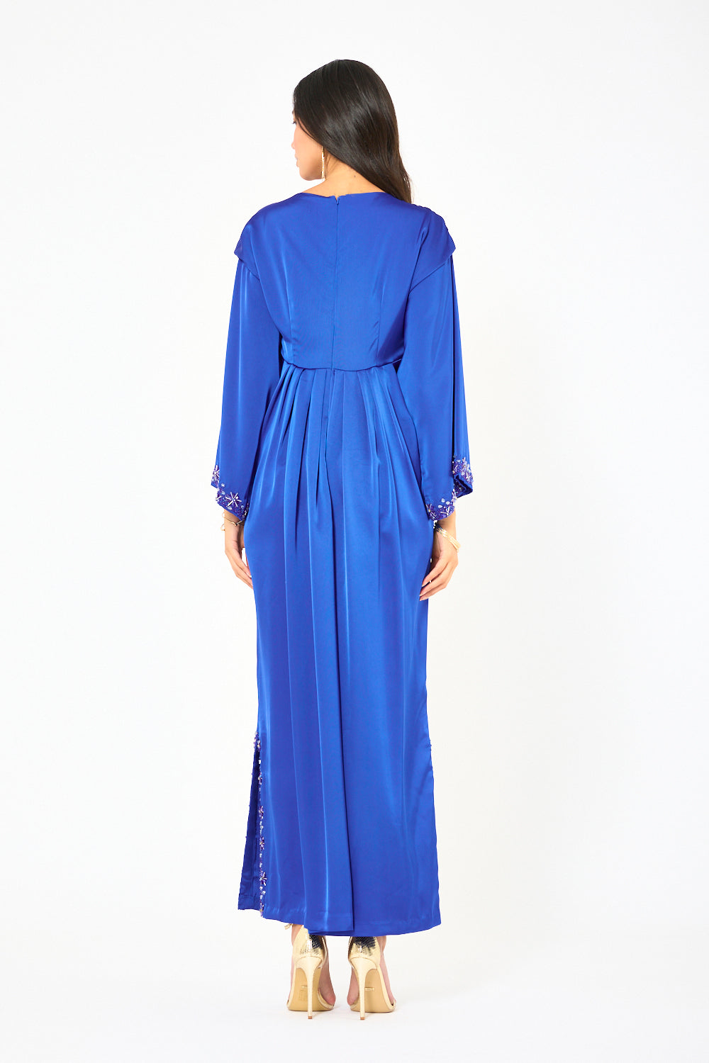 Embellished V-Neck Pleated Dress