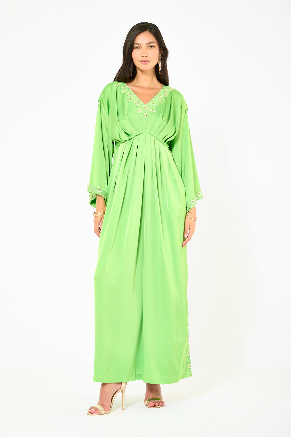 Embellished V-Neck Pleated Dress