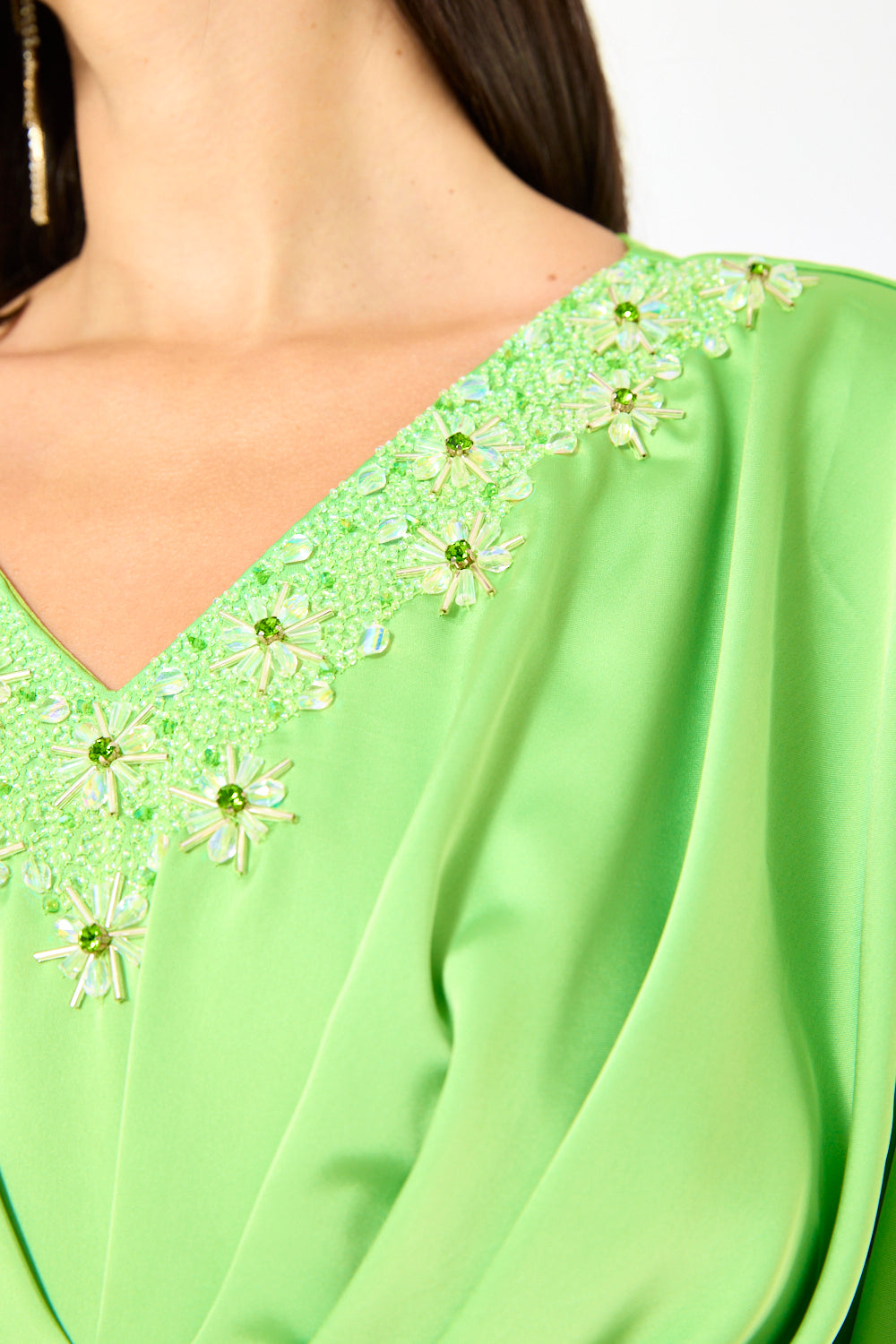 Embellished V-Neck Pleated Dress