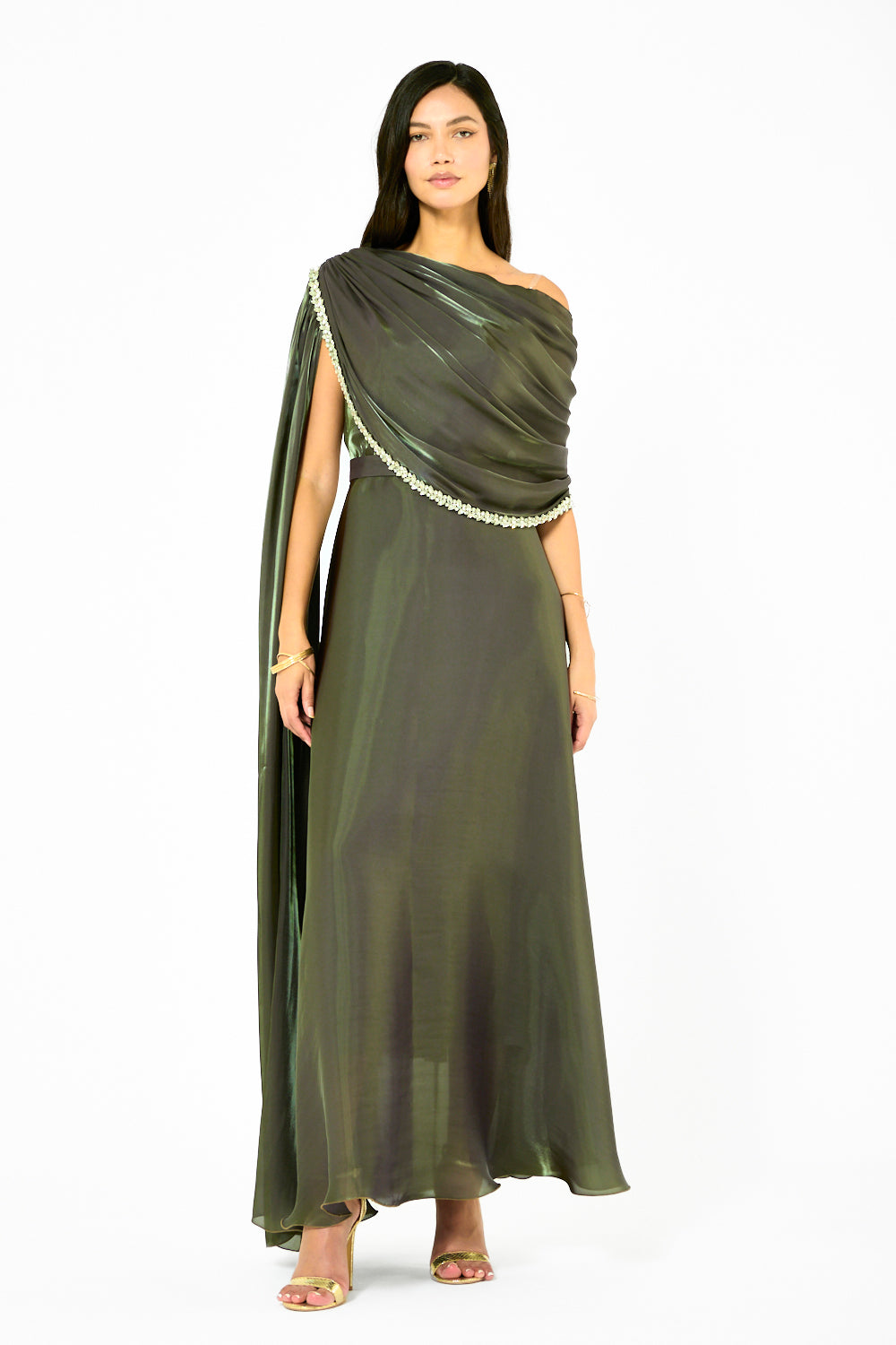 Embellished Drape One-Shoulder Gown