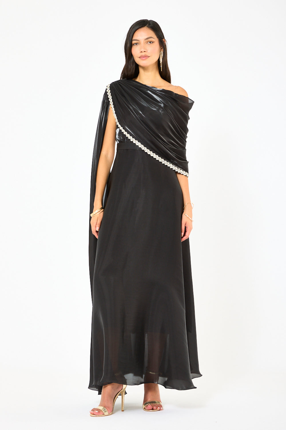 Embellished Drape One-Shoulder Gown