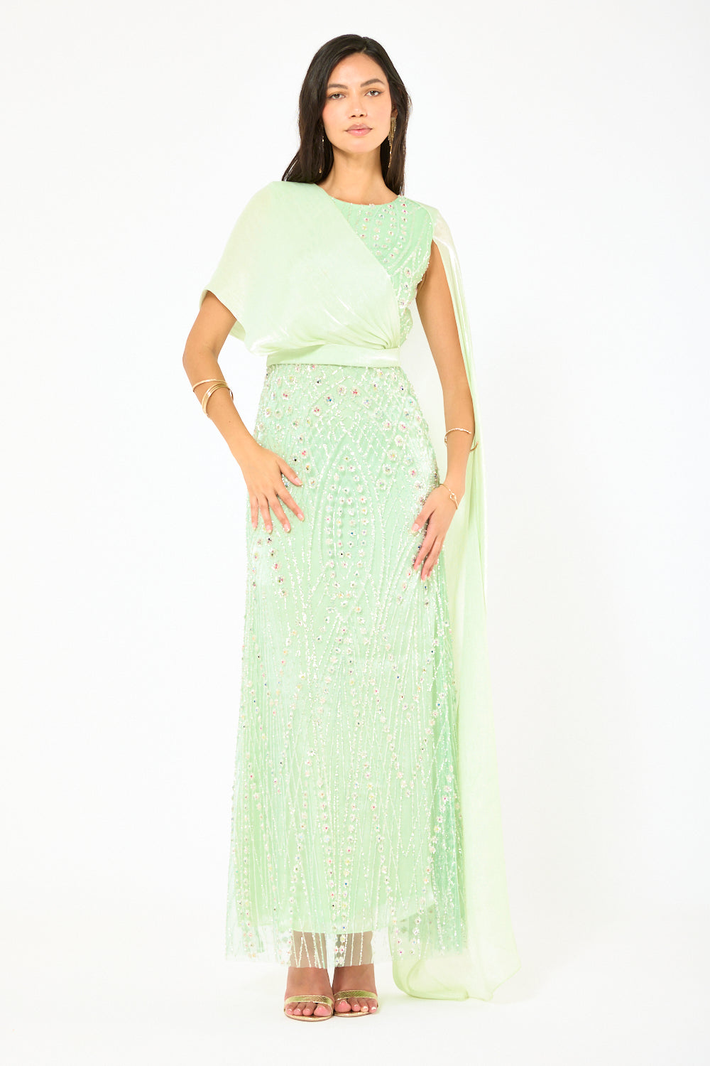 Embellished Drape Cape Gown