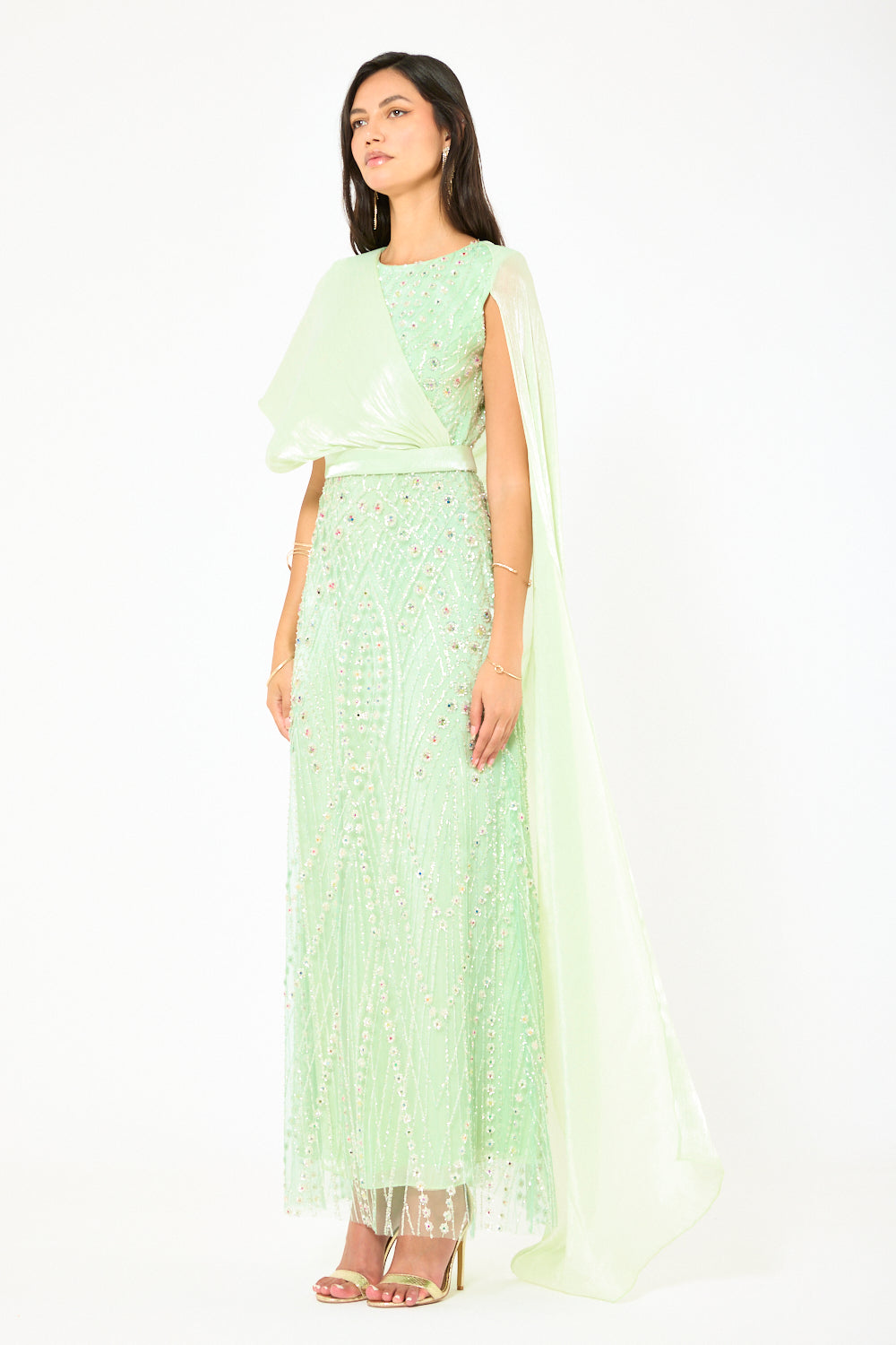 Embellished Drape Cape Gown