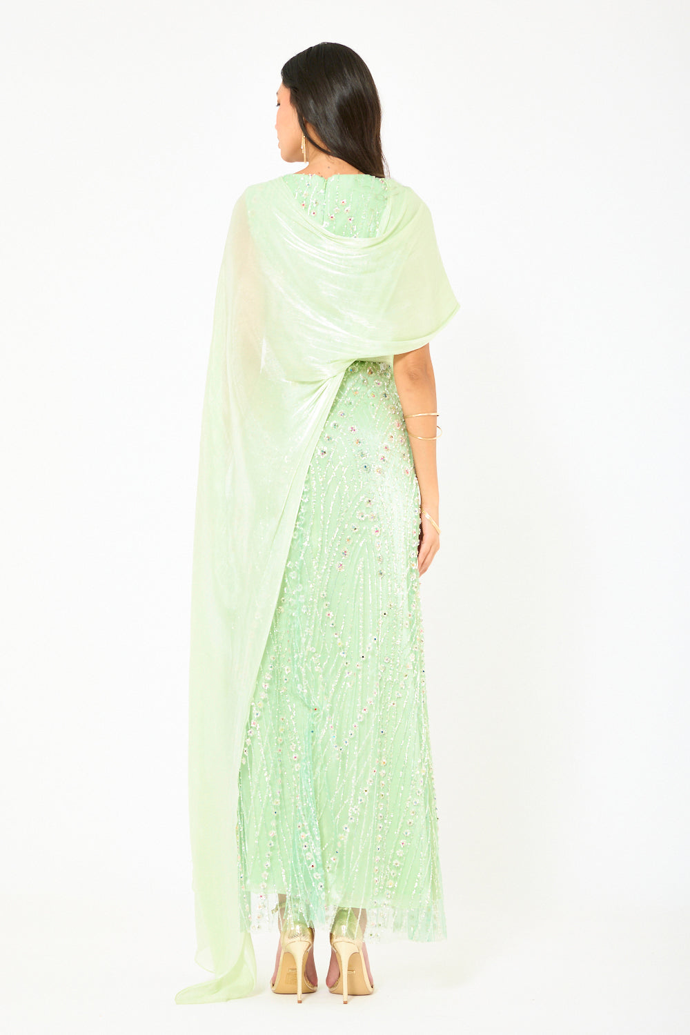 Embellished Drape Cape Gown