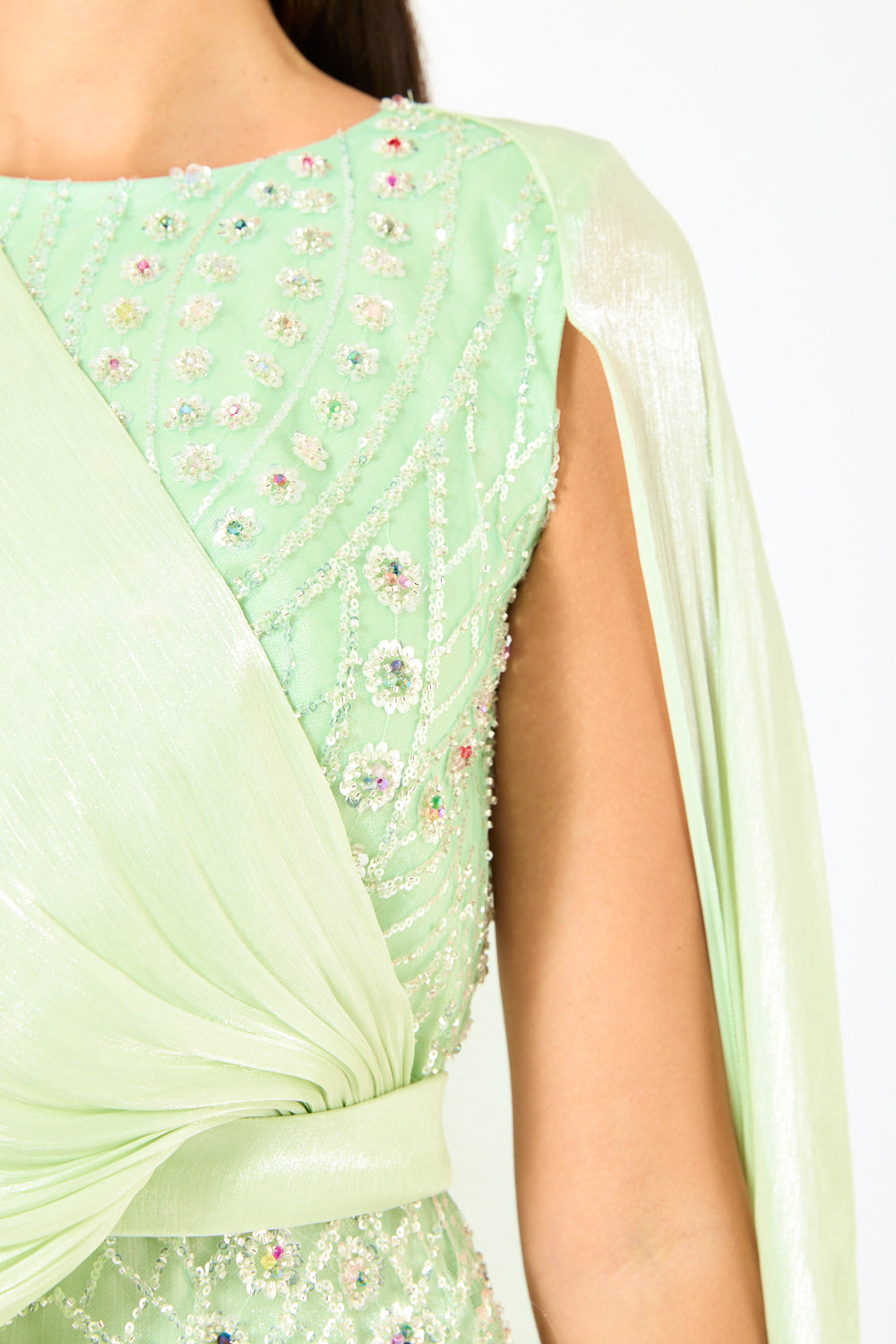 Embellished Drape Cape Gown