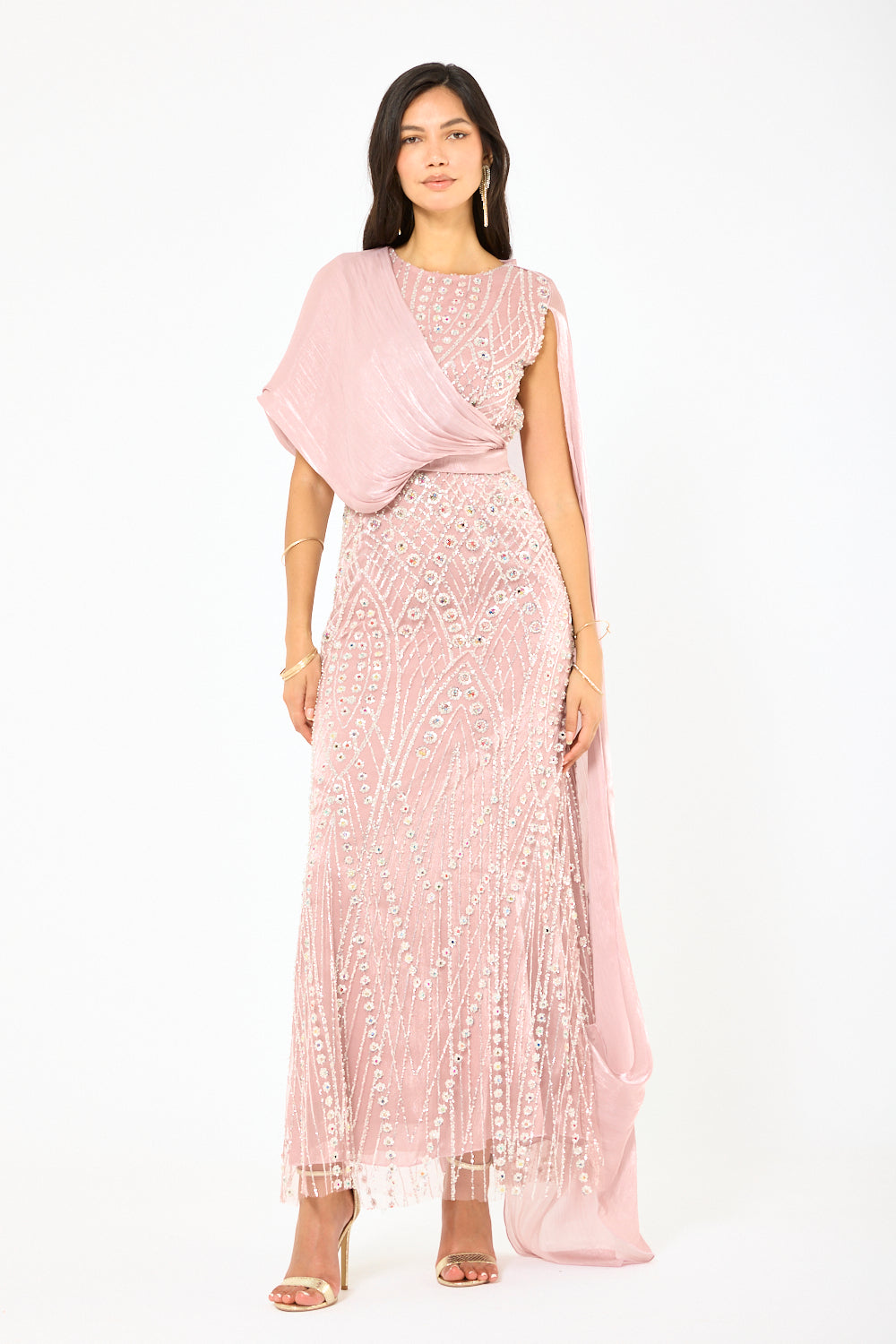Embellished Drape Cape Gown