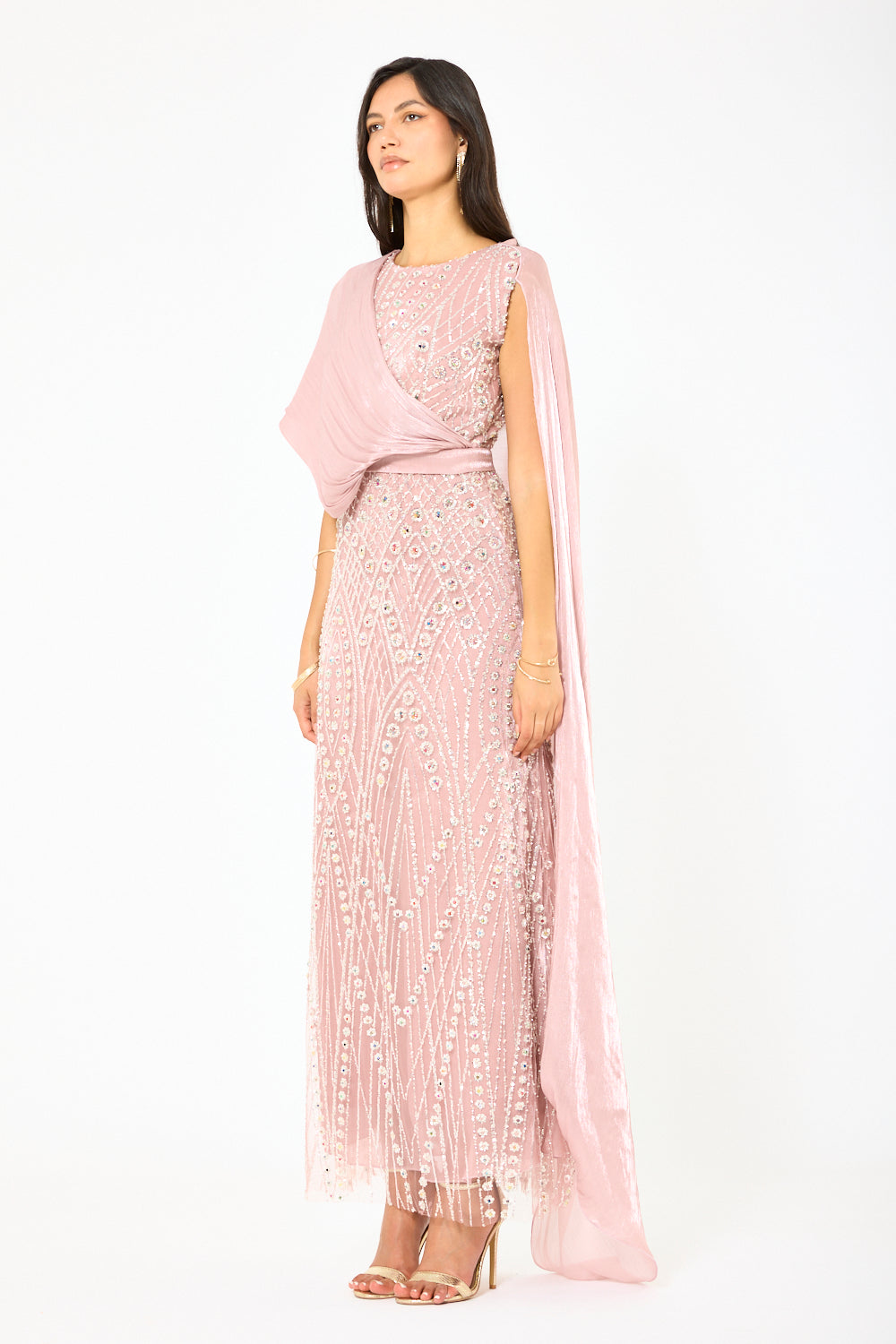 Embellished Drape Cape Gown