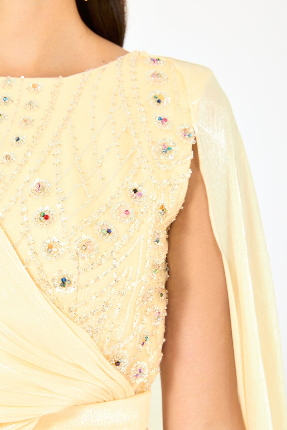 Embellished Drape Cape Gown