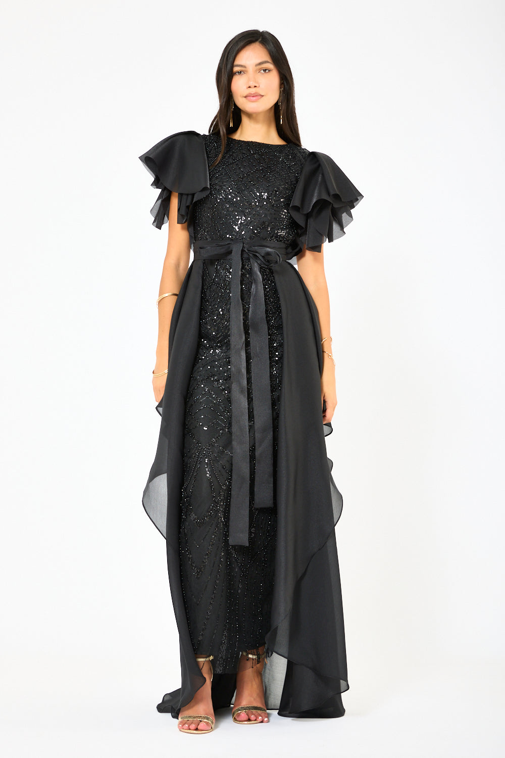 Ruffle Layer Overlay Embellished Gown
