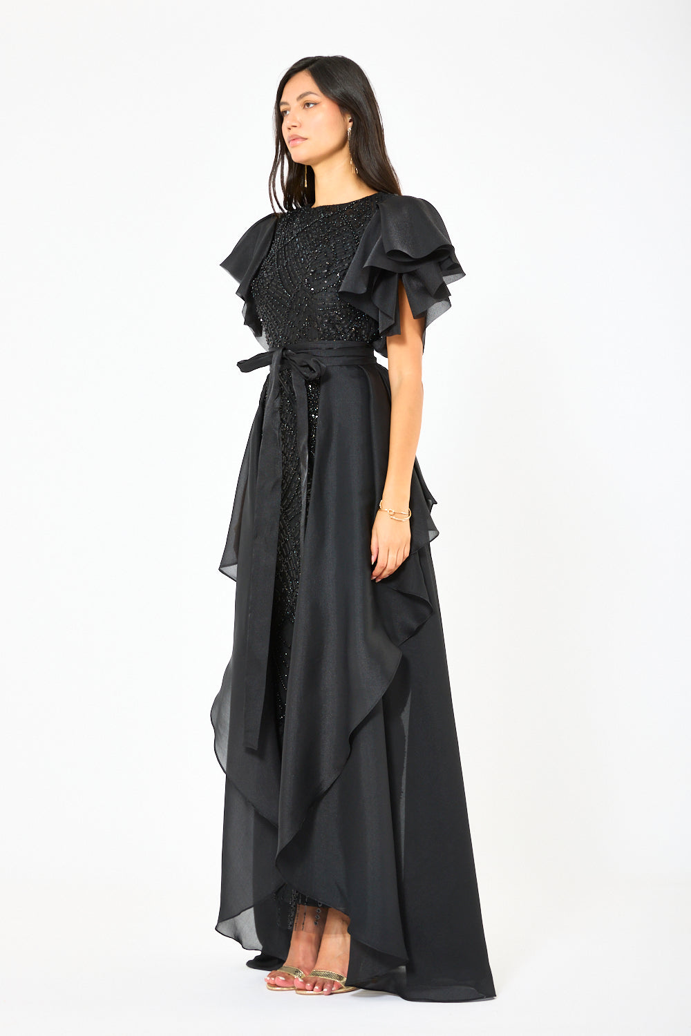 Ruffle Layer Overlay Embellished Gown