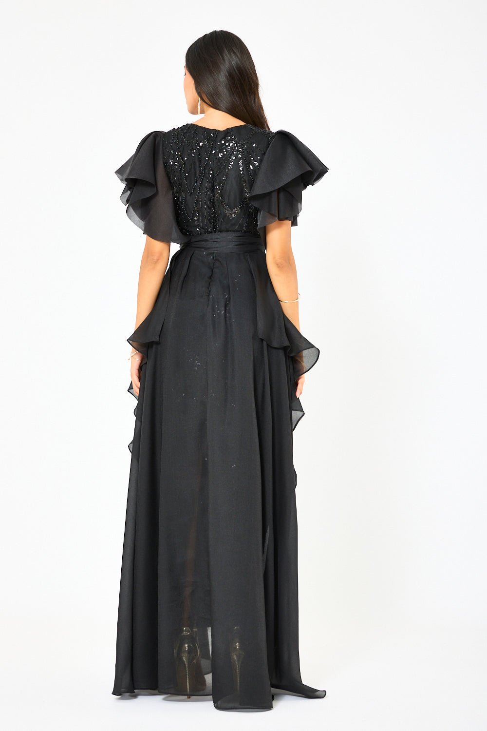 Ruffle Layer Overlay Embellished Gown